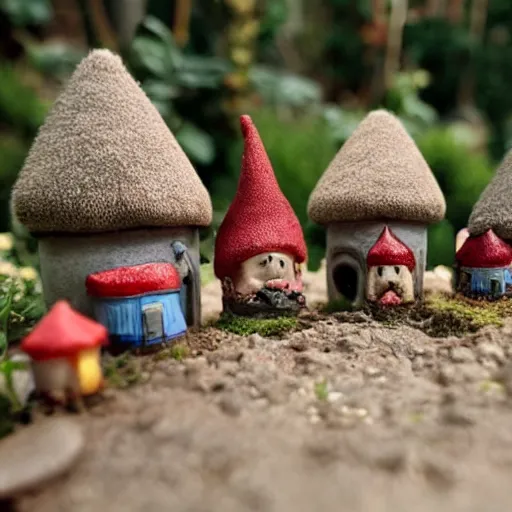 Prompt: photo of a tiny gnome village in a jar.