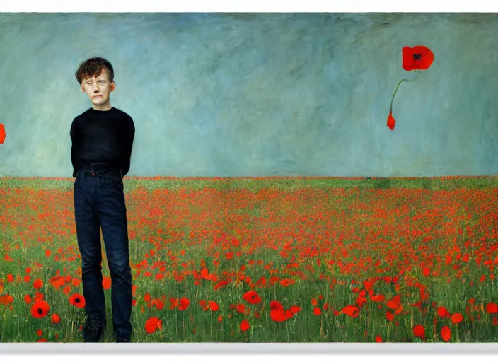 Image similar to portrait of nervous boy with acoustic guitar standing next, field of poppies, hernan bas and pat steir and hilma af klint, psychological, photorealistic, dripping paint, washy brush, rendered in octane, altermodern, masterpiece