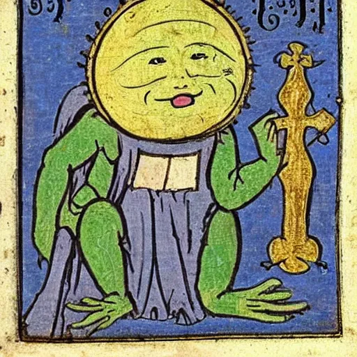 Image similar to page from a 1 4 th century monk's illustrations of the holy!! pepe the frog!!