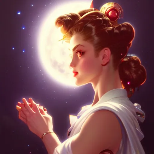 Image similar to head and shoulders Portrait of Sailor Moon, dark fantasy, medium shot, intricate, elegant, highly detailed, digital painting, volumetric light, artstation, concept art, smooth, sharp focus, illustration, art by Gil Elvgren and Greg Rutkowski and Alphonse Mucha