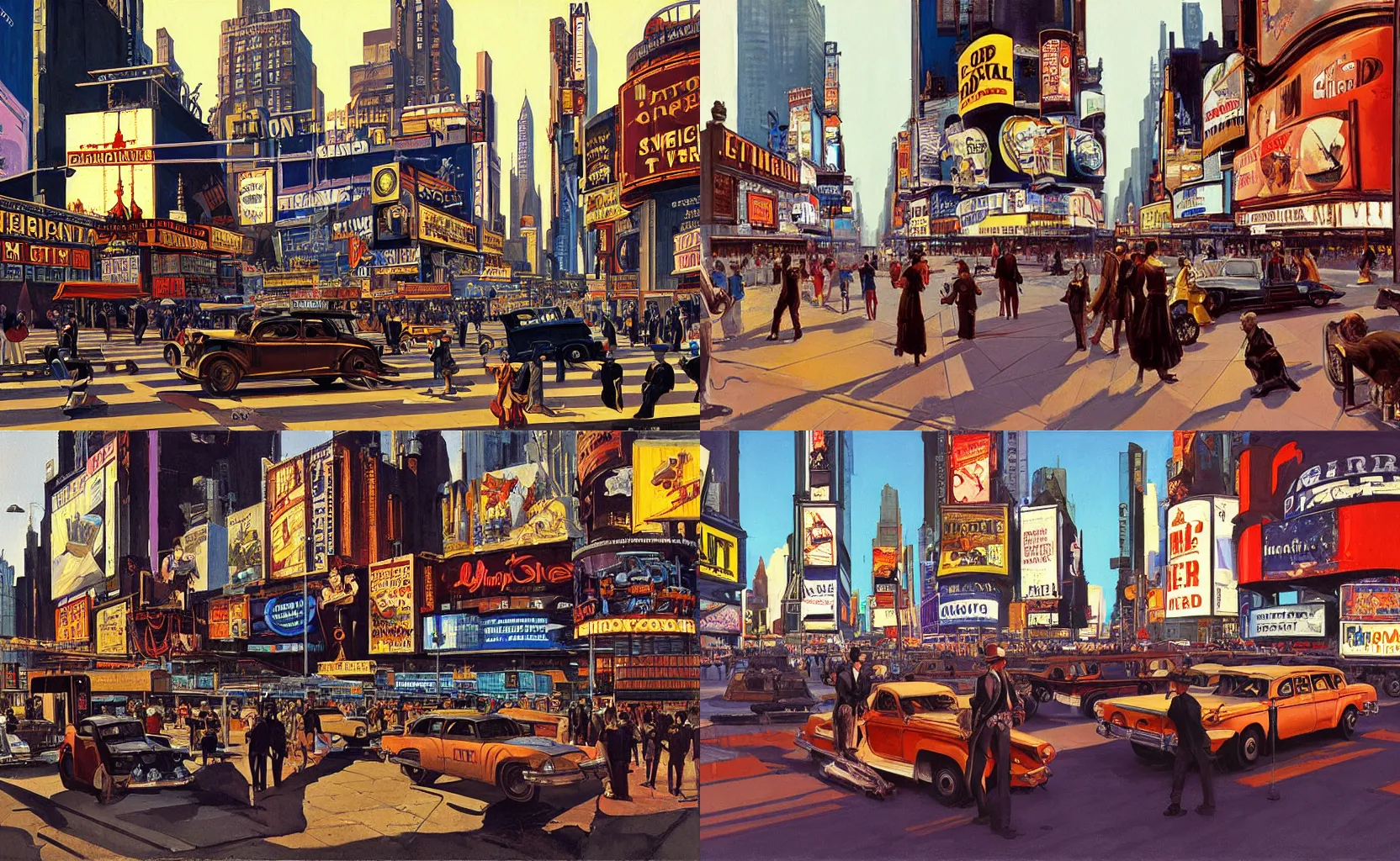 Prompt: steampunk Times Square, painting by Syd Mead and Edward Hopper