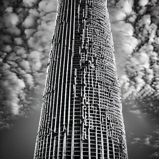 Image similar to award winning photography of tower of babel reaching up to heaven made from cellphones, 40mm lens, shallow depth of field, split lighting