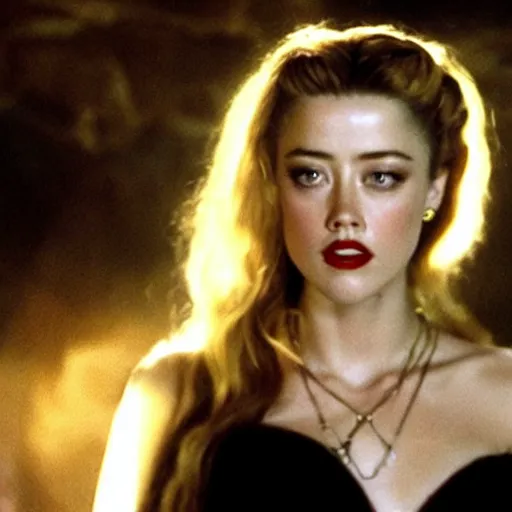 Prompt: Amber Heard is an evil sorceress standing in back of a smoking black cauldron.