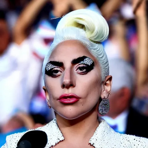 Image similar to Lady Gaga as president, Argentina presidential rally, Argentine flags behind, bokeh, giving a speech, detailed face, Argentina