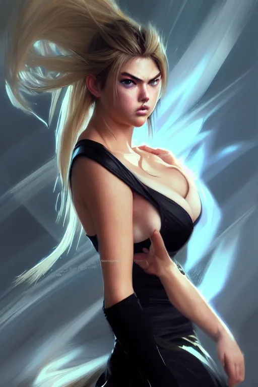 Image similar to Tekken 4 fighter anime Stunning Portrait Kate Upton with long black dress by Greg Rutkowski, blonde long hair, in a fighting stance, digital painting, artstation, concept art, soft light, hdri, smooth, sharp focus, illustration, art by tian zi, craig mullins, Mark Arian, WLOP, alphonse mucha