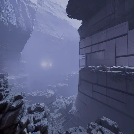 Prompt: chasm surrounded by elevator shafts, blurry, minimalist, unreal engine