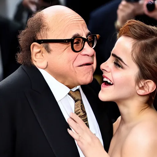 Image similar to danny devito and emma watson french kissing in public, detailed, gross, cinematic, 8 k