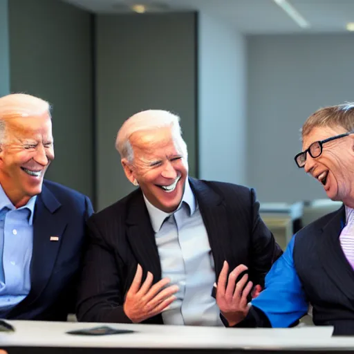 Image similar to stock photo of kim kardashian, joe biden, and bill gates wearing suits and ties laughing in an office building, 8k resolution, full HD, cinematic lighting, award winning, anatomically correct