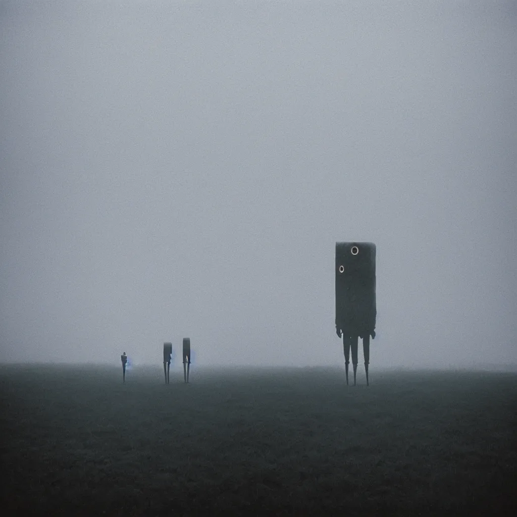 Image similar to a sole angular lanky liminal observer droid, in a brutalist yet rural landscape by simon stalenhag, 3 5 mm film photography, dawn, eerie fog