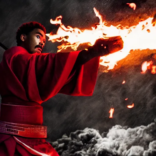 Image similar to cinematic film still of Chance The Rapper starring as a Samurai holding fire, Japanese CGI, VFX, 2022, 40mm lens, shallow depth of field, film photography