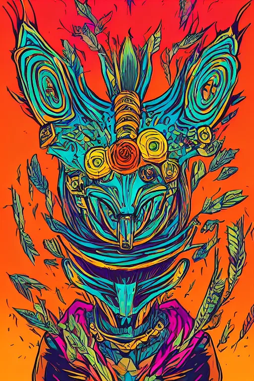 Image similar to animal mask totem roots flower tribal feather gemstone plant wood rock shaman vodoo video game vector cutout illustration vivid multicolor borderlands comics by josan gonzales and dan mumford radiating a glowing aura