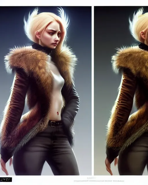 Image similar to fur - lined dragonhide jacket!!! beautiful and elegant female!! gorgeous ayes!! character concept art, sharp focus, illustration, artgerm!! greg rutkowski! wlop!! ilya kuvshinov!! marc brunet!! octane render! unreal engine 5! highly rendered!! trending on artstation!! cgi vfx!