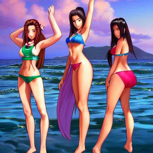 Image similar to beautiful aerith and tifa and jessie from final fantasy in a bikini on the beach making eye contact drawn by artgerm