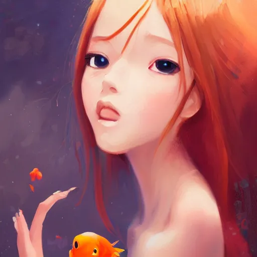 Prompt: Beautiful portrait of a beautiful girl with goldfish eyes, in a romantic romantic setting on a painting by Miyazaki, artstation trending, painterly, 8k