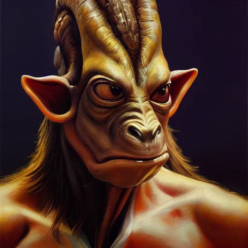 Image similar to ultra realistic portrait painting of jar jar binks as a sith lord, art by frank frazetta, 4 k, ultra realistic, highly detailed, epic lighting