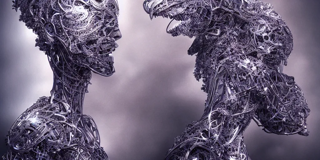 Image similar to hyperrealistic photography of a stunningly beautiful cyborg male, consciences being installed sci - fi, intimate, intricate filigree, fibonacci, in the style of beth cavener, jin kagetsu, and wlop, highly detailed, chrome face symmetry, masterpiece, award winning, sharp focus, concept art, high key, ambient lighting, 8 k, octane render,