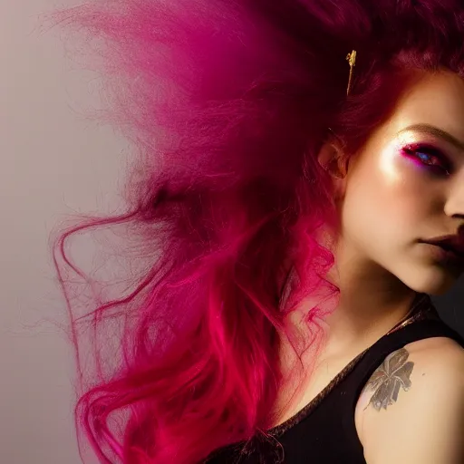 Image similar to a dramatic photo of a beautiful young woman with cotton candy hair. with a little bit of gold and red