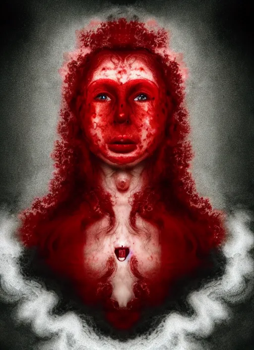 Prompt: dramatic red matte portrait painting of woman with black mandelbrot fractal instead of face, horror, body horror, dark art, 4 k, detailed, realistic, psychotic, insane, crazy, mental illness, dramatic,