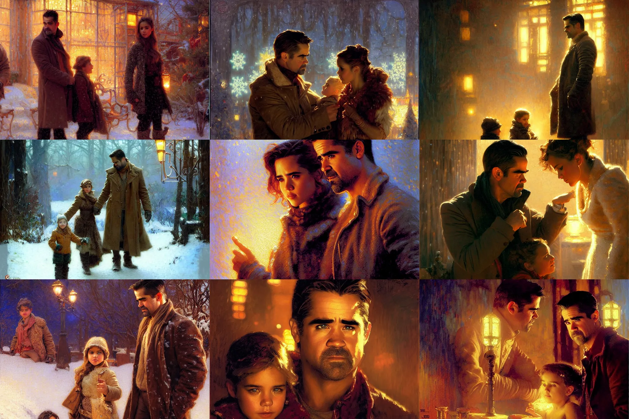 Prompt: winter, colin farrell, jessica alba woman, with a kid, neon light, detailed faces, painting by gaston bussiere, craig mullins, j. c. leyendecker