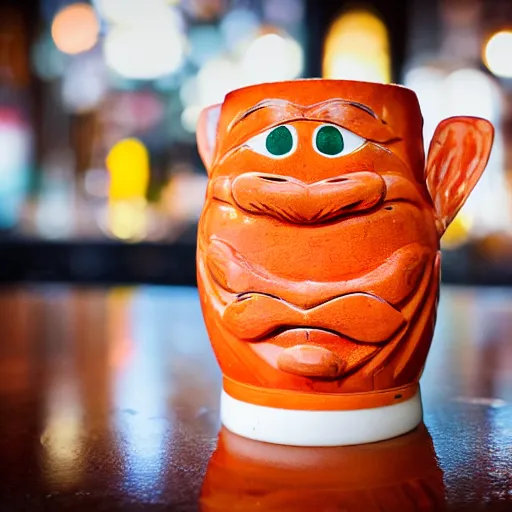 Image similar to a closeup photorealistic photograph of an orange cat garfield style tiki mug sitting at a trader vic's bar with garfield's face on the front. tiki party. bright scene. fine detail. this 4 k hd image is trending on artstation, featured on behance, well - rendered, extra crisp, features intricate detail, epic composition and the style of unreal engine.