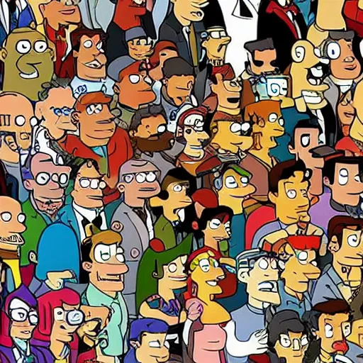 Image similar to All the characters of Futurama, in the style of a Where's Waldo book cover.