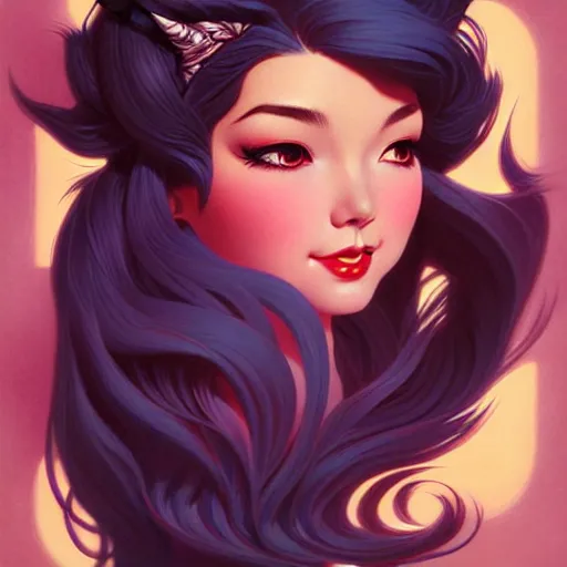 Prompt: head and shoulders portrait of Ahri of League of Legends illustration, medium shot, intricate, elegant, highly detailed, digital art, ffffound, art by gil elvgren and sachin teng