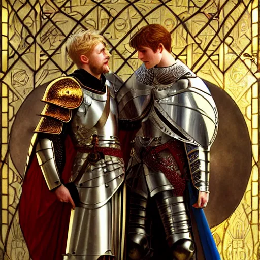 Image similar to attractive arthur pendragon and his favourite attractive male knight, they are in love, camelot, natural lighting, path traced, highly detailed, high quality, digital painting, by gaston bussiere and ross tran and j. c. leyendecker and alphonse mucha