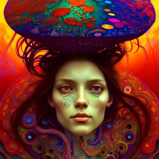 Image similar to An extremely psychedelic experience, reality bending, colorful, surreal, magic mushrooms, psilocybin, LSD, face, detailed, intricate, elegant, highly detailed, digital painting, artstation, concept art, smooth, sharp focus, illustration, art by Krenz Cushart and Artem Demura and alphonse mucha