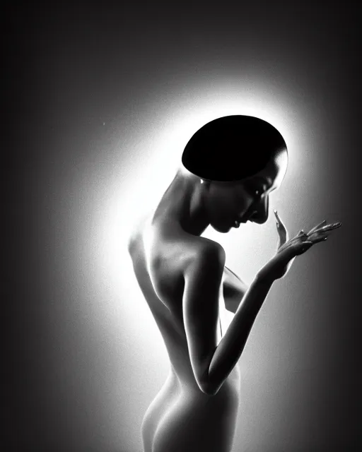 Prompt: black and white high quality photo of a beautiful futuristic dancing female human-queen-insect-cyborg looking into a sci-fi mirror:: volumetric lighting, liminal space, brutalism, foggy, dreamy, hyperdetailed, bokeh, photorealistic, cinematic, masterpiece, Metropolis, elegant, dark, octane render, 8K, by Man Ray in the style of Dora Maar