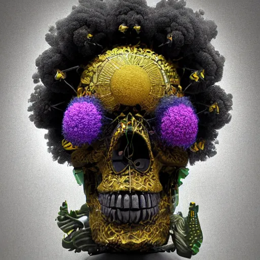 Image similar to a golden skull face african electric shaman with an afro made of flowers, third eye art art by machina infinitum, complexity from simplicity, rendered in octane, mandelbulb 3 d, ambient occlusion, macro photography, tribal, retrowave