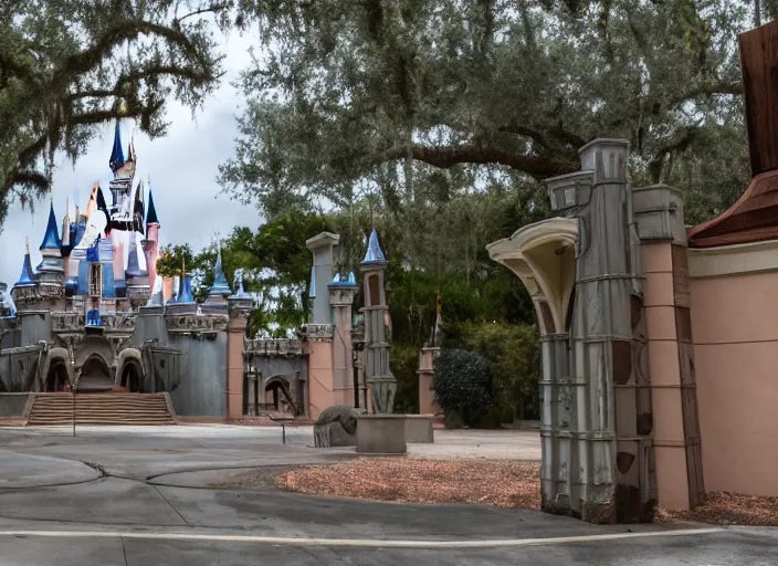 Image similar to cinematic shot of the outside of the Disney world park, shut down, abandoned, Florida, out of business, castle is falling apart, got shut down, kids place, liminal spaces, backrooms, empty, overgrown, Disney world, Disney land, theme park, roller coasters, Disney