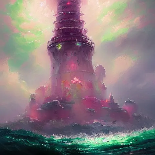 Image similar to a delicate ornate white fantasy tower with pink and green decoration splashes upwards from a turbulent ocean, dramatic lighting, rich colors, beautiful oil painting, artstation