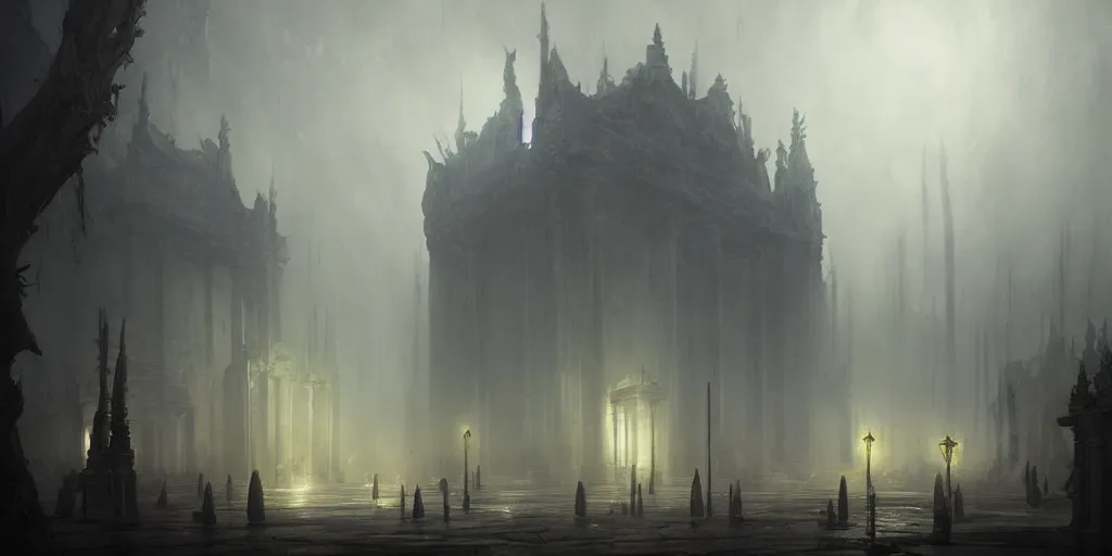 Image similar to Hyper realistic painting depicting temple of an eldrich god, horror, fog, dark fantasy, volumetric lighting, by greg rutkowski, trending on artstation