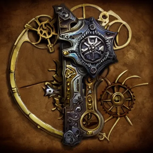 Image similar to fantasy steampunk cog wrench weapon, fantasy game art, fantasy rpg, league of legends