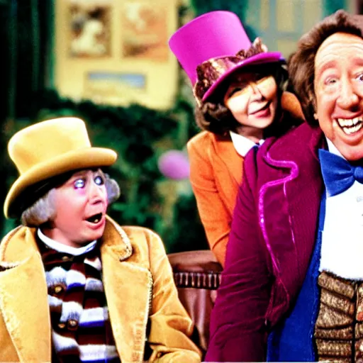 Image similar to a frame from the movie willy wonka and the chocolate factory, starring nancy pelosi and tim allen