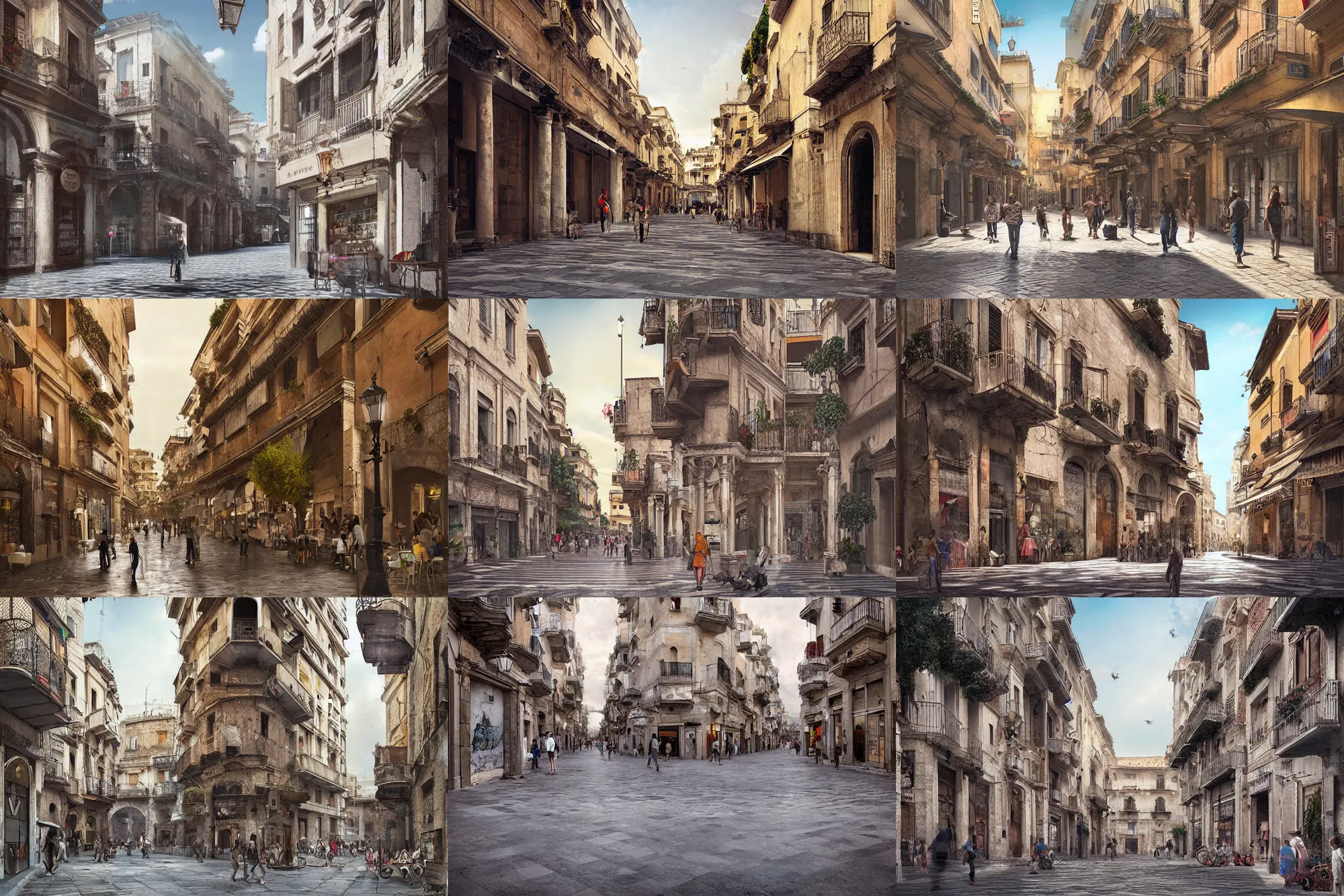 Prompt: digital matte painting of palermo city street, art by lorenzo lanfranconi