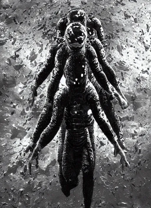 Image similar to astronauts in dark and empty void underwater - complex and hyperdetailed technical suit. reflection and dispersion materials. rays and dispersion of light. volumetric light. 5 0 mm, f / 3 2. noise film photo. flash photography. ultra realistic, wide angle. poster by wayne barlowe, hajime sorayama aaron horkey, craig mullins