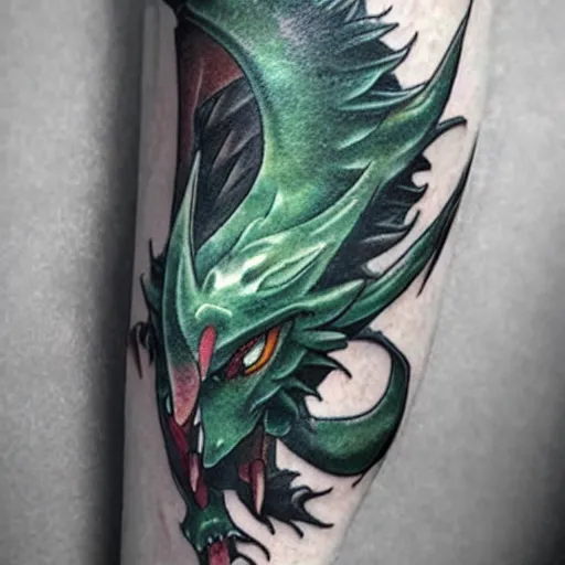 Image similar to simple anime manga full color dragon!! Emerald and obsidian dragon, forearm tattoo, tattoo