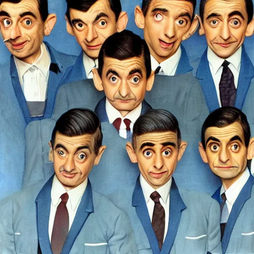 Prompt: mr. bean in a boy band and everyone is mr. bean hyperrealism photo - realistic by norman rockwell and 8 k