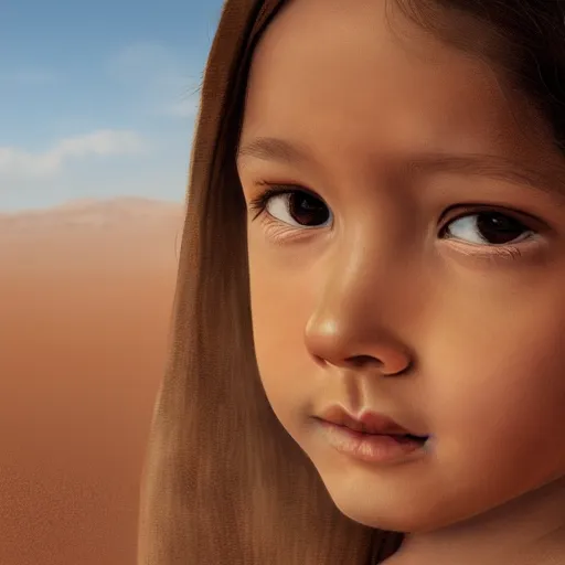 Image similar to a detailed portrait of a little girl in the desert, art illustration, incredibly highly detailed and realistic, 8 k, sharp focus