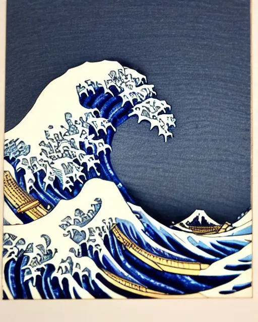 Prompt: an award winning Wood engraving on paper of The Great Wave off Kanagawa