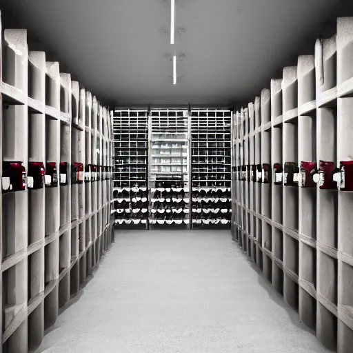 Image similar to symmetry, parallel perspective with center end point, parallax mapping of brutalist shop, lots of wine bottles, octane render, high quality