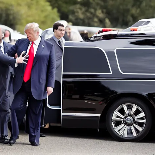 Image similar to Donald Trump driving a hearse with Ted Cruz getting arrested and put in the back