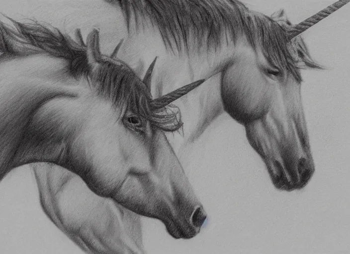 Prompt: detailed charcoal sketch of two unicorns running through a fjord, some edges lost, subtle, beautiful epic sketch, light and medium values, epic fjord, detailed unicorns, clean elegant and refined sketch, equal focus of attention throughout