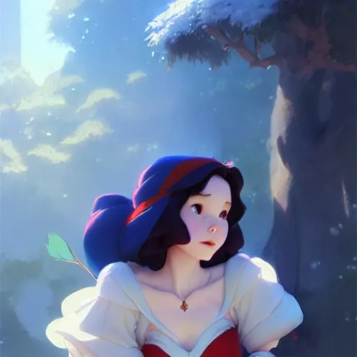 Image similar to still from snow white and the seven dwarfs if made by krenz cushart and wenjun lin, portrait, illustration, rim light, top light, summer clear blue sky, perfectly shaded, soft painting, epic, intricate, art