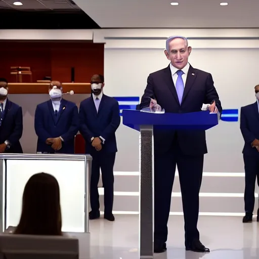 Image similar to photograph of Benjamin Netanyahu giving a speech with a podium in front of him, suited men with medical masks standing behind him, cinematic lighting, official media, HQ, 4K, news photography