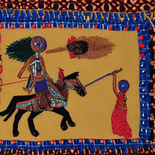 Prompt: embroidery of touareg fiercely assauting on a horse