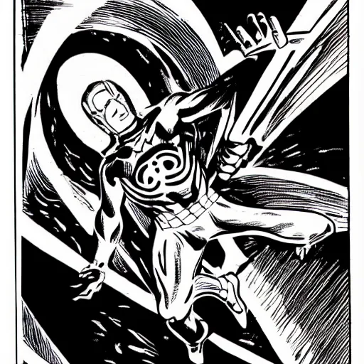 Image similar to kirby krackle emanating from marvel sliver surfer body, by jack kirby, inked by joe sinnott, wally wood, black and white only, asymmetrical, organic ink drawing