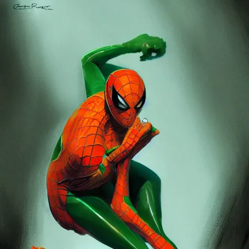 Image similar to an orange and green spiderman by cedric peyravernay