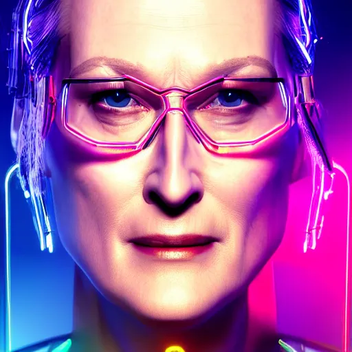 Image similar to Meryl Streep portrait, Cyberpunk 2077, ultra photorealistic, cybernetic body parts, neon, octane, bokeh, 8k